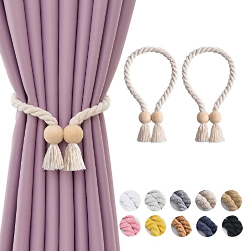 NICEEC 2 Pack Wooden Ball Magnetic Curtain Tiebacks Boho Home Decor Drape Tie Backs Natural Cotton Hand Woven Rope Curtain Holdbacks for Thin & Thick Home & Office Window Draperies (Beige)
