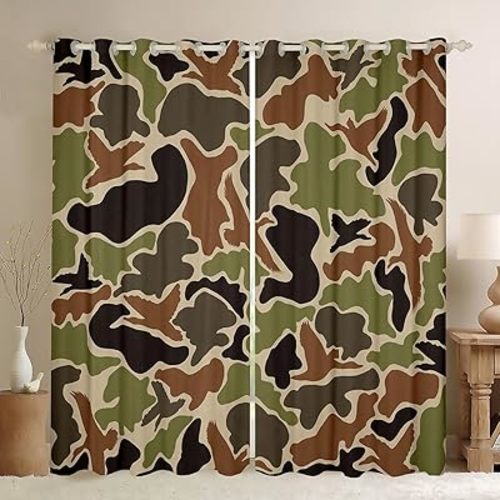 Feelyou Duck Hunter Green Camouflage Hunting Curtains for Bedroom Living Room (2 Panels, 38 x 54 Inch) Black Brown Blackout Curtains Camo Army 30%-50% Darkening Blackout Curtain Wild Window Treatments