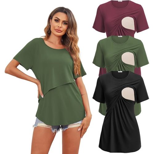 Ekouaer Women's Maternity Shirts Short Sleeves Nursing Tops 3 Pack Double Laye Breastfeeding Tees Pregnancy Clothes S-XXL