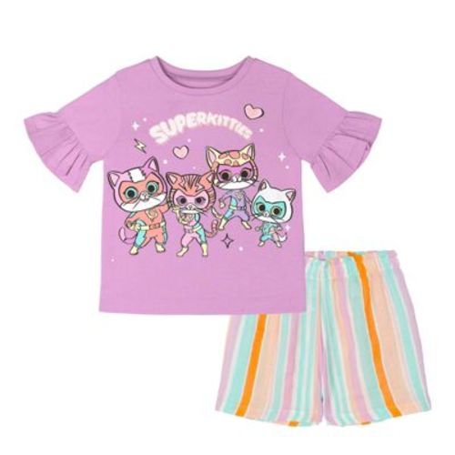 Disney Super Kitties Toddler Girls' Glitter Short Sleeve Ruffle T-Shirt and Paperbag Gauze Shorts Outfit Purple SuperKitties 4T