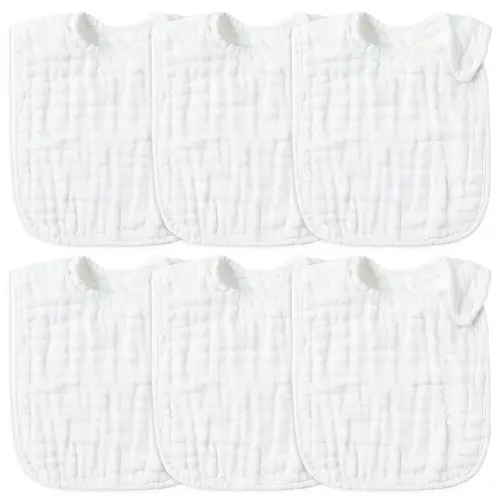 Zainpe 6Pcs Snap Muslin Cotton Baby Bibs White Adjustable Drool Bib with 6 Absorbent Soft Layers, Machine Washable Unisex Burp Cloths for 3 to 36 Months Boys Girls Infant Newborn Toddler