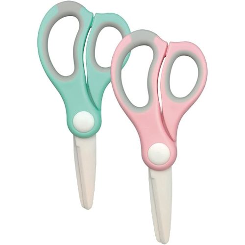 Ceramic Scissors for Baby Food,Safety Healthy BPA Free and Portable Toddler Shears with Protective Blade Cover and Travel Case, 2 Pack(Pink and Green)