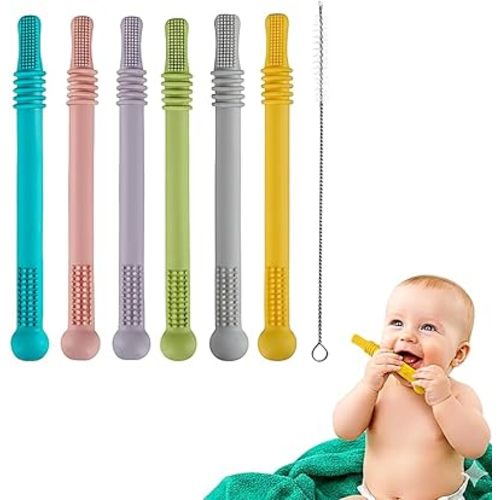 Silicone Teether Tube for Babies 6-36 Months, Freezable Hollow Sensory Chew Straws, Food-Grade Material, Pack of 6 Multicolour pcs with 2 Cleaning Brush