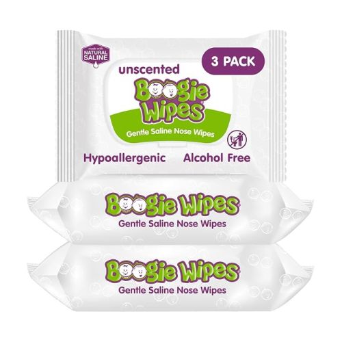 Boogie Wipes Saline Nose Wipes - 90 Count - Unscented, Hypoallergenic & Alcohol-Free - Allergy Relief - Made with Natural Saline, Aloe, Chamomile & Vitamin E - Diaper Bag Essential