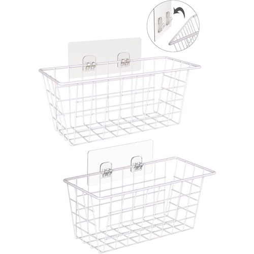 Hanging Kitchen Baskets For Storage Adhesive Small Wire Storage Baskets No Drilling Wall Mounted Shelf for Kitchen Pantry Room Cabinet Bathroom, 2 PACK, White