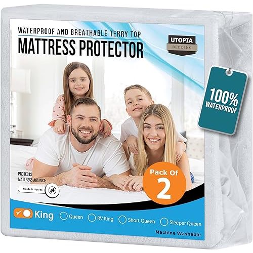 Utopia Bedding Waterproof Mattress Protector King Size 2 Pack, 200 GSM Breathable Terry Mattress Cover, Fitted Style with Stretchable Pockets (White)