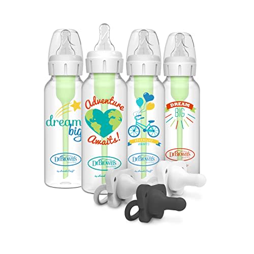 Dr. Brown’s Anti-Colic Options+ Baby Bottles, Narrow, Dream/Adventure, 8oz, 4 Pack and HappyPaci 100% Silicone Pacifier 0-6m, BPA Free, White, Black, Cool Gray 3-Pack