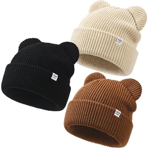 DANMY Baby Beanie Winter Knit Hat with Bear Ear for Infant Toddler Boys Girls Children Soft Knitted Hat Skull Cap 0-6 Months
