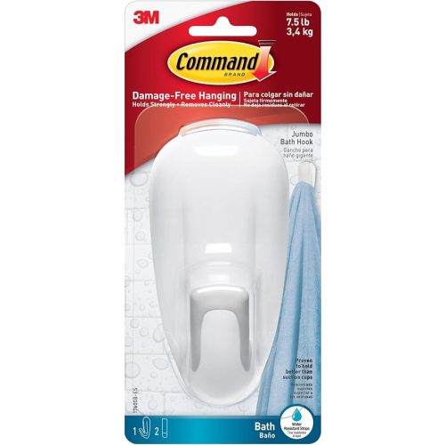 Command 17600B-ES Bathroom Water-Resistant, 1-Hook, 2-Strips, Organize Damage-Free Hardware, Large, White