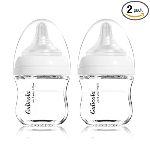 Gulicola Small Glass Baby Bottle for Newborn Breastfeeding Babies, Preemie & Extra Slow Flow Nipples (SS), Anti-Colic, Breast-Like, 0 Months+, 3 oz, 2 Pack - White