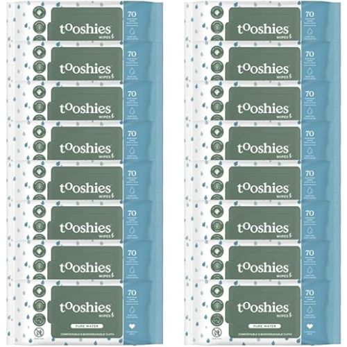 Tooshies Wipes | Pure Water | 100% Plastic Free | Biodegradable | Fragrance Free | 16 x 70pk (1120 Wipes)