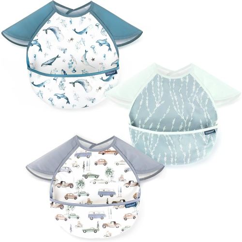 GRSSDER 3-pack Mess Proof Baby Feeding Bibs with Food Catcher Pocket, Soft Lightweight Waterproof Fabric Material with Zero Plastic-like Feel, Adjustable and Easy Clean Toddler Bibs for 6-36 Months