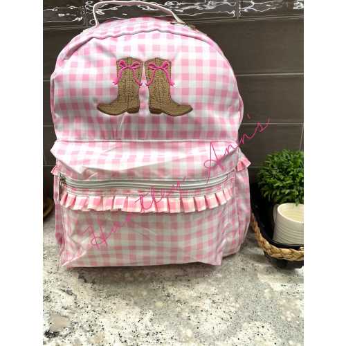 Backpack. Pink Gingham Cowboy Bow Boots Toddler or Full Size Nylon bookbag. Monogrammed preschool. Personalized Diaper Bag. Baby Shower gift