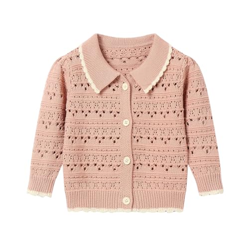 Seuyae Baby Girl Eyelet Knit Cardigans Cotton Lapel Collar Button Up Sweater Cardigan 3M-3T