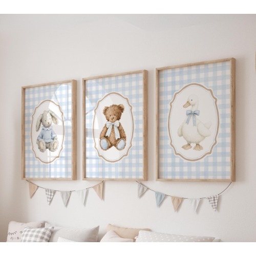 Set of 3 Goose Prints, Teddy Bear Wall Art Set, Blue Bow Posters, Modern Art, Bunny Kids Bedroom Decor, Boy Nursery Decor, Playroom Prints