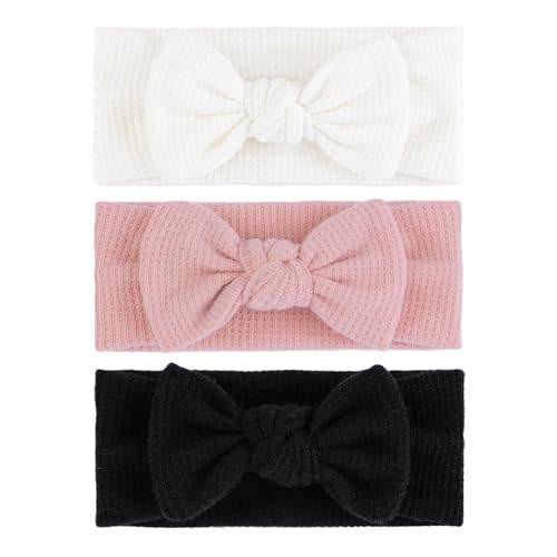 ONENINEDREAM 3Pcs Baby Girls 4" Hairband with Bows, Soft Headwraps Hair Accessories for Infant Toddler, 1 Count (Pack of 3), Black/White/Pink