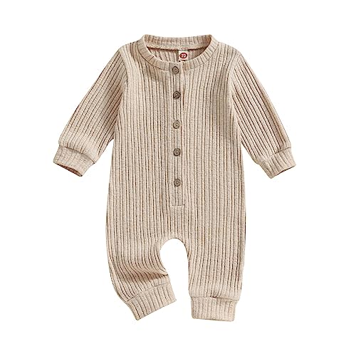 MERSARIPHY Newborn Baby Girl Boy Knitted Rib Romper Unisex Gender Neutral Infant Button Jumpsuit Long Sleeve Bodysuit Clothes