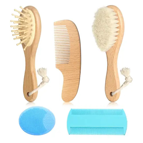 Wooden Natural Goat Bristle Brush and Cradle Cap Comb Set - 5 in 1 Baby Grooming Kit for Newborns, Toddlers, Boys, and Girls (Blue)
