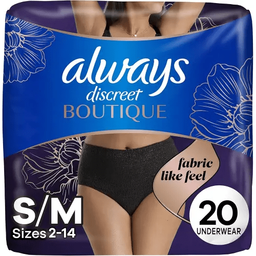 Always Discreet Boutique Incontinence and Postpartum Underwear for Women, Maximum Protection, Size S/M, Black, 20 Count