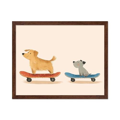 Poster Master Nursery Poster - Skateboarding Dogs Print - Fun Dog Wall Art - Playful Animal Art - Whimsical Nursery Wall Art - Boho Kid's Room or Playroom Decor - 8x10 Brown Framed