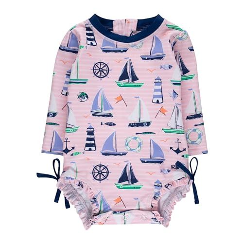 RuffleButts Baby Girls UPF 50+ Sun Protection Floral Printed Long Sleeve One Piece Rash Guard Swimsuit with Zipper