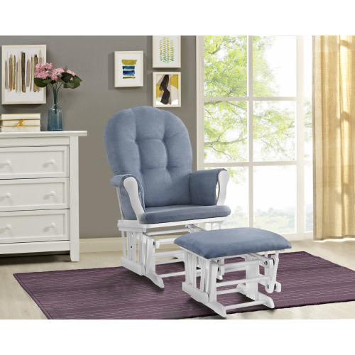 Angel Line Windsor Glider with Ottoman, White Finish with Blue Cushions
