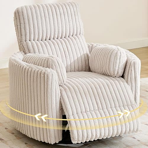 Power Swivel Glider Rocking Recliner Nursery Chair with 2 Pillows, Electric Rocker Reclining Chairs with Type-C & USB Charger Port for Living Room, High Back Barrel Armchair for Bedroom, Cream