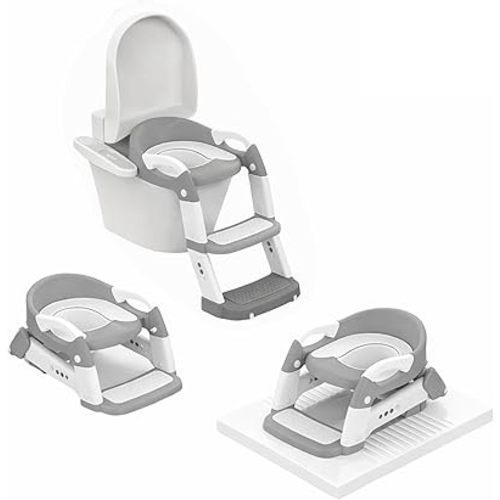 Potty Training Seat - 2026 Upgraded 3-in-1 Foldable Potty Chair with Anti-Slip Step Stool, Detachable Washable PU Cushion & Urine Guard, Portable Foldable Potty Seat for Toddler Boys and Girls (Gray)
