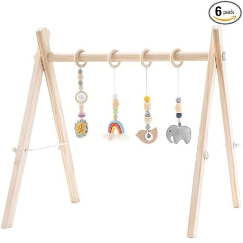Foldable Wooden Baby Play Gym with 4 Sensory Hanging Toys, Montessori Infant Activity Frame for 0-12 Months | Solid pine safe gym with 4 sensory teething toys, foldable stable frame, boho nursery decor & perfect baby shower gift