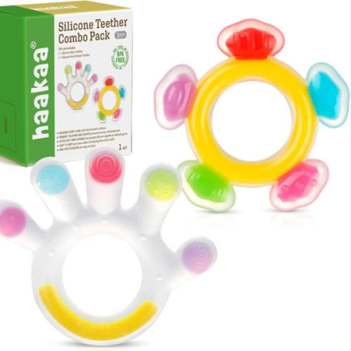 Haakaa Silicone Teether Combo - Baby Freezer Teething Toy - Soft Cold Teether - Soothe Teething Pain & Itching Gums - Perfect Size - Palm & Ferris Wheel Shape for 3M+ Babies BPA Free - 2 pk