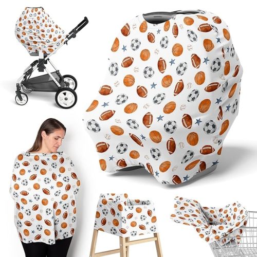 Sweet Jojo Designs Sports Theme Boy Infant Baby Car Seat Cover Nursing Breastfeeding High Chair Shopping Cart Stroller Carseat Canopy Carrier Multipurpose Use Watercolor Vintage Sport Themed Blue Star