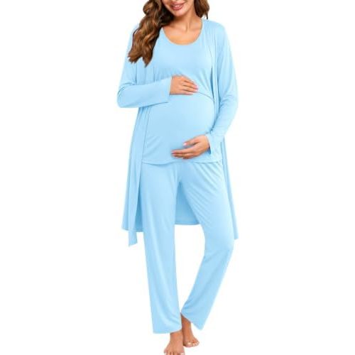 SWOMOG Maternity Nursing Robe Set 3 PCS Women Postpartum Pajamas Breastfeeding Labor Delivery Hospital Pregnancy Pjs