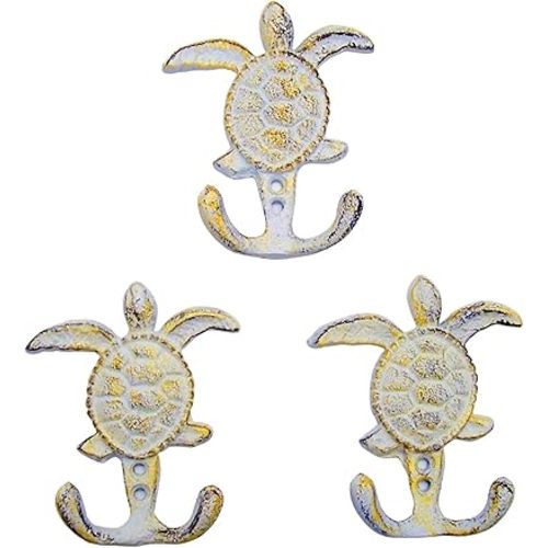 Wowser Distressed White Sea Turtle Cast Iron Wall Hook, Yellow Accents, Wall Décor, Set of 3, 4 3/4 Inch