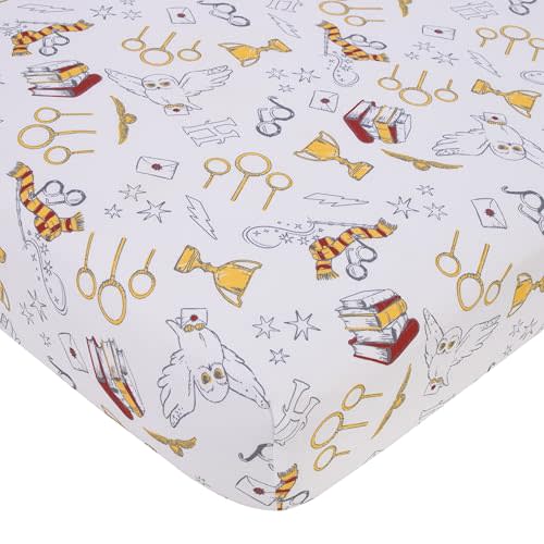 NoJo Harry Potter Hogwarts Icons Nursery Fitted Crib Sheet for Standard Size Mattress - Enchanting Hogwarts Design with Hedwig The Owl, Magical Wand, Glasses 28" x 52" x 8"