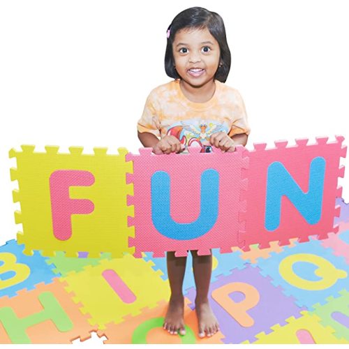 SAFEST Non Toxic Alphabet Puzzle Mat - THICKEST ABC Flooring Mat, 26 Tiles | Bonus Fun Learning eBook | Kids Learn & Play with Interlocking Puzzle Pieces