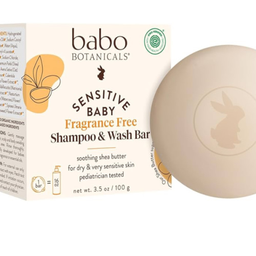 Babo Botanicals Sensitive Baby Fragrance-Free 2-in-1 Shampoo & Wash Bar - Shea Butter, Calendula & Aloe Vera - EWG Verified - Cruelty-Free - Vegan - Pediatrician Tested - For Babies & Kids