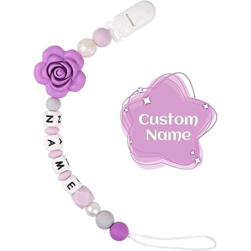 Personalized Pacifier Clip with Name for Baby, Customized Pacifier Clip Fits All Pacifiers, Purple Rose