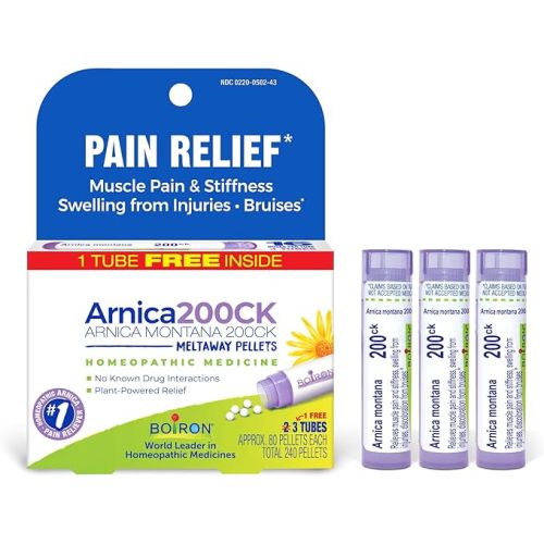 Boiron Arnica Montana 200CK Homeopathic Medicine for Pain Relief, Muscle Pain & Stiffness, Swelling from Injuries, & Bruises - 3 Count (240 Pellets)