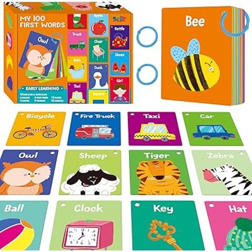50 PCS First Word Flashcards, Double Sided Learning Cards Alphabet, Foods, Animals, Shapes, Colors, Vehicle, Body Parts with 2 Reclosable Rings, Learning Tool for Pre-K Kindergarten Toddlers