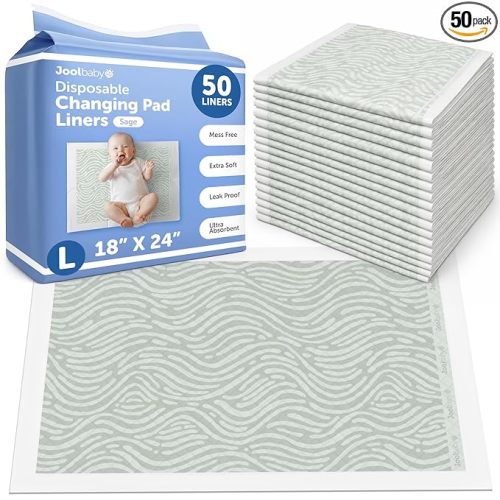 Jool Baby Disposable Changing Pad Liners for Baby (50 Count) Ultra-Absorbent Pee Pads to Protect Surfaces At Home or On the Go – Leakproof & Super Soft - Sage