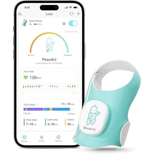 Sense-U Baby Smart Sock Shoe Baby Monitor - Track Heart Rate, Movement, Heartbeat with On-Device Sleep Indicator & Notifications for 1-12M, Infant Foot Monitor, Peace of Mind
