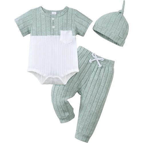 Renotemy Preemie Newborn Boy Summer Clothes Gift Short Sleeve Button Romper Baby Boys Bodysuit Long Pants Outfit Set with Hat