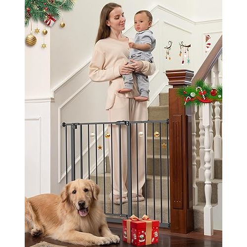 InnoTruth 28.9-42.1" Wide Baby Gate for Stairs, 30" Tall Dog Gates for Doorways Expandable One-Hand Open, Easy Walk Through Dual Lock Metal Pet Gates for Dogs, Black-Family & Mom's Choice Award Winner