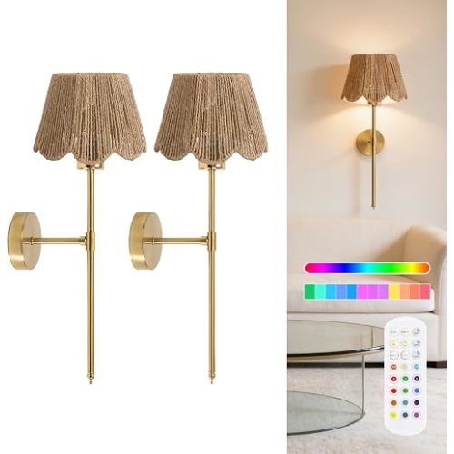 2PC Battery Operated Boho Scalloped Paper Rope-Woven Rattan Wicker Wall Sconce, Stepless Dimming Magnetic Wall Lamp, 5000mAh Rechargeable & Integrated LED, for Nursery Living Room Bedroom