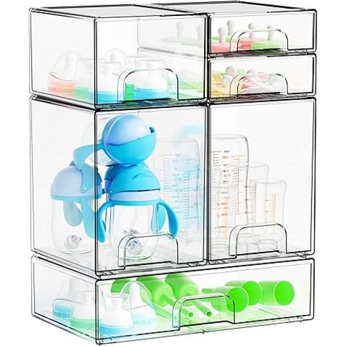 Yieach 6 Set Clear Baby Bottle Organizer for Countertop,BPA FREE Bottle Station Organizer for Breast Pump Parts,Pacifier and Baby Accessories,Stackable Drawers for Bathroom,Cabinet,Pantry Organization