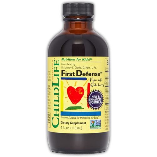 CHILDLIFE ESSENTIALS First Defense - Kids Immune Support, Immune Support for Kids, Toddlers 1-3, Babies 6 Months+, Vitamin Syrup with Elderberry, Zinc, Non GMO, Gluten Free - 4 Fl Oz (Pack of 1)