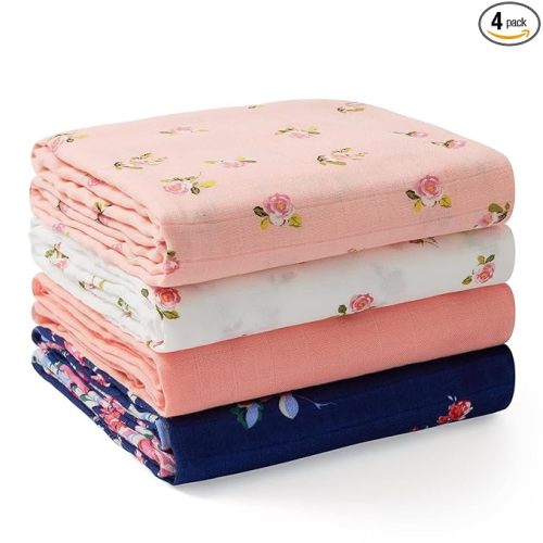 Momcozy Muslin Swaddle Blankets, 4-Pack Breathable and Skin-Friendly Receiving Blankets, Best Wishes Swaddle Blanket Shower Gifts & Baby Girl Newborn Essentials, Large 47"x47", Blooming Dream