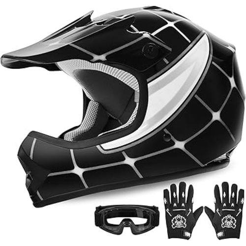 XFMT Kids Dirt Bike Helmet Youth Motorcycle Helmet DOT-Certified Full Face Helmets for Motocross ATV Off-Road Street Bike with Goggles & Gloves, Black Spider Small