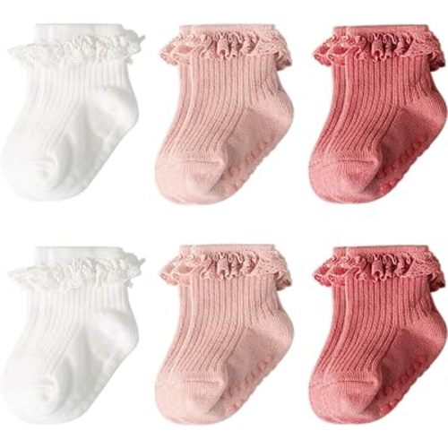 AQOKKA Baby Girl Toddlers Socks with Non-slip Grip Cute Frilly Ruffle Ankle Soft Cotton Newborn Baby Socks for Infant Kids