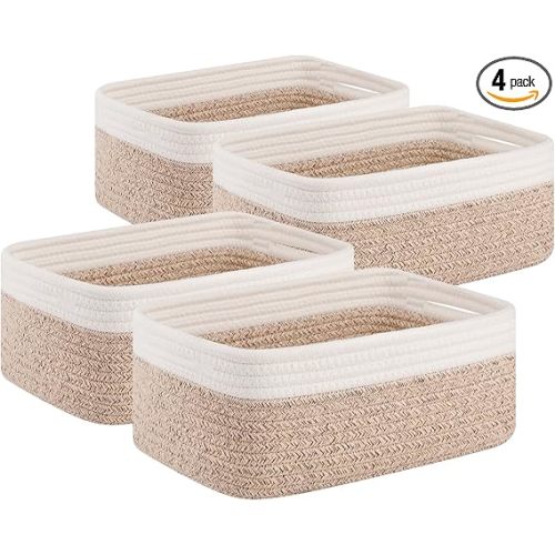 OIAHOMY 4 Pack Storage Baskets for Organizing, Small Bins for Shelves, Cute Decorative Storage Bins, Organizer Baskets for Gifts Empty, 11.8''Lx7.8''Wx4.7''H, Brown/White